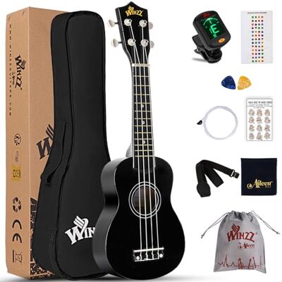 Winzz Sopraanukelele, starterset voor beginners, met zachte tas, afneembaar stemapparaat, extra snaren, plectrum, riem, fretsticker, akkoordenkaart, polijstdoek, zwart Winzz Sopraanukelele, starterset voor beginners, met zachte tas, afneembaar stemapparaat, extra snaren, plectrum, riem, fretsticker, akkoordenkaart, polijstdoek, zwart