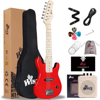 Winzz Elektrische mini-gitaar voor kinderen, 76 cm, esdoorn toets, elektrische gitaar voor beginners, set voor kinderen met versterker, kleur rood Winzz Elektrische mini-gitaar voor kinderen, 76 cm, esdoorn toets, elektrische gitaar voor beginners, set voor kinderen met versterker, kleur rood