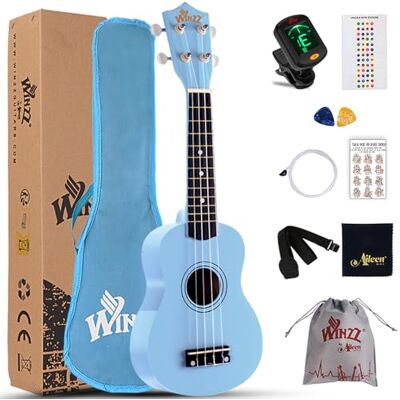 Winzz Set sopraanukelele voor beginners met tas, clip-on tuner, extra snaren, riem, plectrum, fretstickers, akkoordenkaart, polijstdoek, blauw Winzz Set sopraanukelele voor beginners met tas, clip-on tuner, extra snaren, riem, plectrum, fretstickers, akkoordenkaart, polijstdoek, blauw