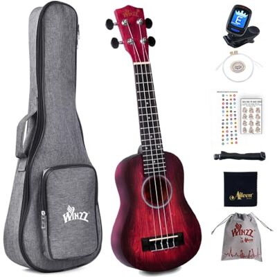 Winzz Ukulele Sopraan 21" Rood voor Kinderen en Beginners, Uniek gekleurde Ukulele Ontwerp Kit met 6 Accessoires, Tas, Riem, Tuner, Plectrums, Extra Snaren, Stickers voor Toetsenbord Winzz Ukulele Sopraan 21" Rood voor Kinderen en Beginners, Uniek gekleurde Ukulele Ontwerp Kit met 6 Accessoires, Tas, Riem, Tuner, Plectrums, Extra Snaren, Stickers voor Toetsenbord