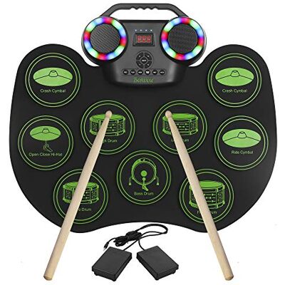 Bonvvie Draagbare oplaadbare elektronische batterij met 9 MIDI-pads, DTC, geïntegreerde luidsprekers, ideaal voor kinderen, studenten, beginners, amateurs Bonvvie Draagbare oplaadbare elektronische batterij met 9 MIDI-pads, DTC, geïntegreerde luidsprekers, ideaal voor kinderen, studenten, beginners, amateurs