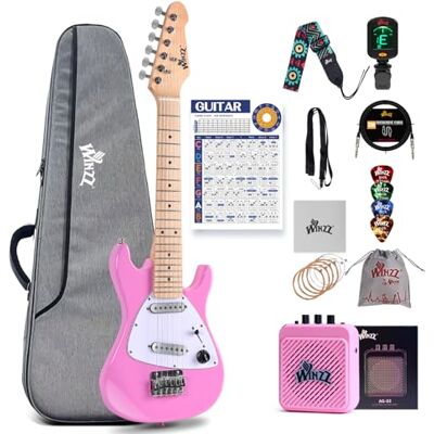 Winzz Elektrische gitaarset voor kinderen, 76,2 cm, mini elektrische gitaar junior 1/4 voor kinderen met versterker, glanzend roze Winzz Elektrische gitaarset voor kinderen, 76,2 cm, mini elektrische gitaar junior 1/4 voor kinderen met versterker, glanzend roze