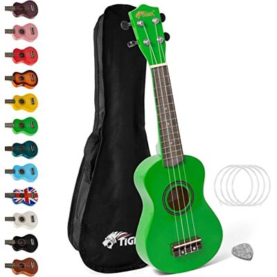 Tiger UKE7-GR Sopraan-ukelele voor kinderen, groen Met draagtas, vilten plectrum en reservesnaren, ideaal voor beginners en jonge spelers. Tiger UKE7-GR Sopraan-ukelele voor kinderen, groen Met draagtas, vilten plectrum en reservesnaren, ideaal voor beginners en jonge spelers.