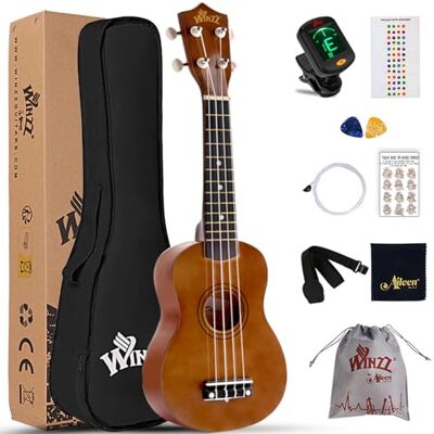 Winzz Sopraan Ukelele Starter Kit voor Beginners, met Tas, Clip-on Tuner, Extra Snaren, Riem, Plectron, Gripplankstickers, Acordkaart, Polijstdoek 21" Sopran (Brons) Winzz Sopraan Ukelele Starter Kit voor Beginners, met Tas, Clip-on Tuner, Extra Snaren, Riem, Plectron, Gripplankstickers, Acordkaart, Polijstdoek 21" Sopran (Brons)