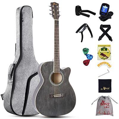 Winzz Folk-gitaar voor kinderen, 36 inch, 3/4 akoestische gitaar, zwart-grijs, voor beginners Winzz Folk-gitaar voor kinderen, 36 inch, 3/4 akoestische gitaar, zwart-grijs, voor beginners