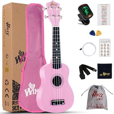Winzz Starterset voor sopraanukelele voor beginners met tas, clip-on tuner, extra snaren, riem, plectrum, fretstickers, akkoordenkaart, polijstdoek, roze Winzz Starterset voor sopraanukelele voor beginners met tas, clip-on tuner, extra snaren, riem, plectrum, fretstickers, akkoordenkaart, polijstdoek, roze