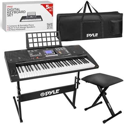Pyle Piano Draagbare digitale piano met 61 toetsen met waterdichte draagtas kruk en toetsenbordstandaard zwart Pyle Piano Draagbare digitale piano met 61 toetsen met waterdichte draagtas kruk en toetsenbordstandaard zwart