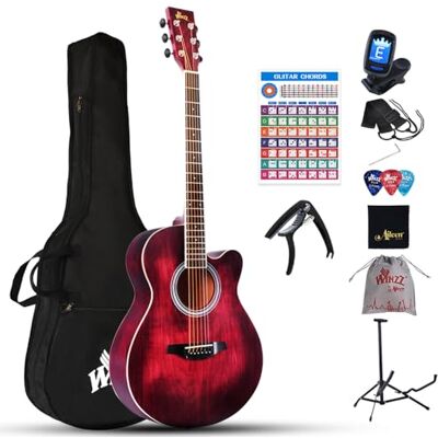 Winzz Rode akoestische gitaar, 101,6 cm westerse gitaar, beginnersgitaar met gitaarmicrofoon, gitaarstandaard, plectrums, gitaarband, stemapparaat, gitaarkoffer Winzz Rode akoestische gitaar, 101,6 cm westerse gitaar, beginnersgitaar met gitaarmicrofoon, gitaarstandaard, plectrums, gitaarband, stemapparaat, gitaarkoffer