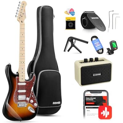Donner DST-152S Sunburst 39" HSS Pickup Coil Split Beginner Elektrische Gitaar Kit met Versterker, Tas, Accessoires Donner DST-152S Sunburst 39" HSS Pickup Coil Split Beginner Elektrische Gitaar Kit met Versterker, Tas, Accessoires