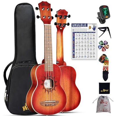 Winzz Sopraanukelele voor volwassenen en kinderen 53,3 cm, mahonie, carbon snaren, matte zon Winzz Sopraanukelele voor volwassenen en kinderen 53,3 cm, mahonie, carbon snaren, matte zon