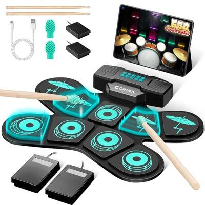 CAHAYA Elektronische drumpadset: 9 draagbare oprolbare elektrische oefenpads met geïntegreerde luidspreker, drumsticks, voetpedalen, kleur blauw CAHAYA Elektronische drumpadset: 9 draagbare oprolbare elektrische oefenpads met geïntegreerde luidspreker, drumsticks, voetpedalen, kleur blauw