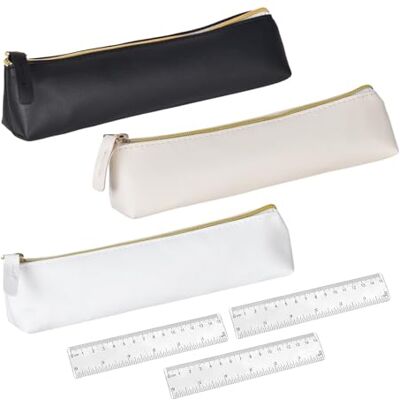 FooYee Set van 3 pennenetuis van PU-leer en 3 kunststof linialen met dubbele schaal, 15 cm, 3 kleuren, klein etui, draagbaar, voor school en kantoor, organizer voor schrijfwaren FooYee Set van 3 pennenetuis van PU-leer en 3 kunststof linialen met dubbele schaal, 15 cm, 3 kleuren, klein etui, draagbaar, voor school en kantoor, organizer voor schrijfwaren