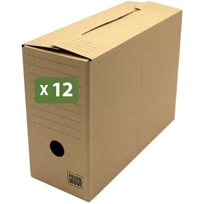 Pack and Move 12 archiefdozen DIN A4, rug 12 cm, 24 x 32 cm Versterkt karton, robuuste sluiting, snelle montage, gemaakt in Fance, 100% gerecycled Pack and Move 12 archiefdozen DIN A4, rug 12 cm, 24 x 32 cm Versterkt karton, robuuste sluiting, snelle montage, gemaakt in Fance, 100% gerecycled