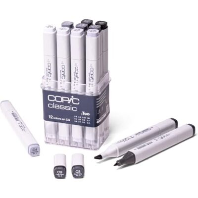 Copic Marker Set van 12 permanente alcoholstiften met dubbele punt, fijne punt en brede afgeschuinde punt, navulbaar, set van 12 kleuren Copic Marker Set van 12 permanente alcoholstiften met dubbele punt, fijne punt en brede afgeschuinde punt, navulbaar, set van 12 kleuren
