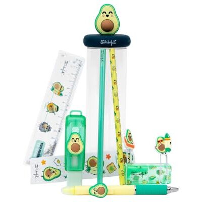 Mr. Wonderful Harde etui met schrijfaccessoires avocado glitteretui met liniaal, 2 dubbele markeerstiften, 5 dubbele kleurpotloden, een potlood en een gum met etui Mr. Wonderful Harde etui met schrijfaccessoires avocado glitteretui met liniaal, 2 dubbele markeerstiften, 5 dubbele kleurpotloden, een potlood en een gum met etui