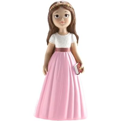 dekora Taartfiguur voor eerste communie, decoratie meisje met roze rok, 16 cm, taartdecoratie voor communie, gemaakt van voedselveilige hars dekora Taartfiguur voor eerste communie, decoratie meisje met roze rok, 16 cm, taartdecoratie voor communie, gemaakt van voedselveilige hars