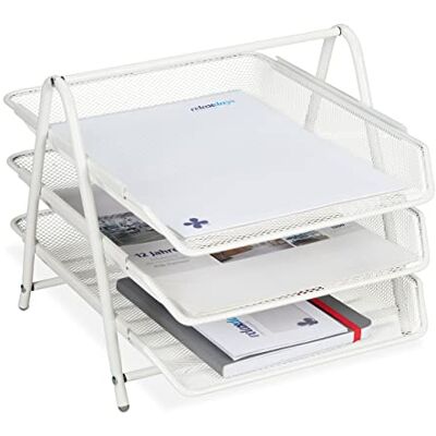 Relaxdays Documentenmap van metaal, 3 vakken, bureau-roosterdesign, A4-formaat, brievenmap, HBT: 26,5 x 29,5 x 35,5 cm, wit, 1 stuk Relaxdays Documentenmap van metaal, 3 vakken, bureau-roosterdesign, A4-formaat, brievenmap, HBT: 26,5 x 29,5 x 35,5 cm, wit, 1 stuk