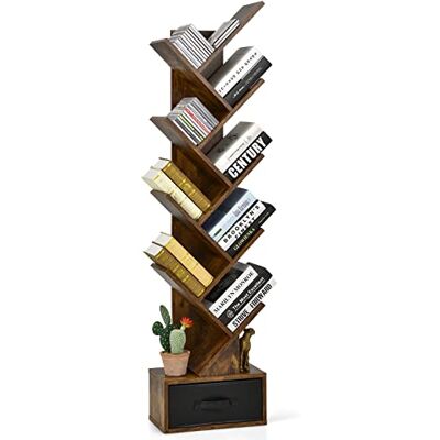 GIANTEX Boomboekenkast met 8 planken, boekenrek met afneembare lade, kantelbestendig ontwerp, organisatie voor cd's, tijdschriften, boeken, 38 x 20 x 149,5 cm, 4 kleuren (bruin) GIANTEX Boomboekenkast met 8 planken, boekenrek met afneembare lade, kantelbestendig ontwerp, organisatie voor cd's, tijdschriften, boeken, 38 x 20 x 149,5 cm, 4 kleuren (bruin)