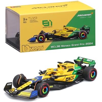 Bburago McLAREN F1 MCL38 TEAM MCLAREN N 81 2nd MONACO GP (SENNA 30th ANNIVERSARY) 2024 OSCAR PIASTRI WITH PILOT AND SHOWCASE YELLOW GREEN BLACK Bburago McLAREN F1 MCL38 TEAM MCLAREN N 81 2nd MONACO GP (SENNA 30th ANNIVERSARY) 2024 OSCAR PIASTRI WITH PILOT AND SHOWCASE YELLOW GREEN BLACK