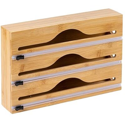 Relaxdays voedselfoliedispenser, 3 rollen, lade, bamboe, h x b x d 22 x 33,5 x 7 cm, foliesnijder. Relaxdays voedselfoliedispenser, 3 rollen, lade, bamboe, h x b x d 22 x 33,5 x 7 cm, foliesnijder.