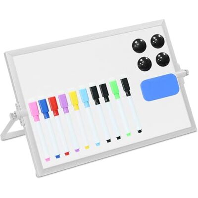 Relaxdays Magnetisch whiteboard, 360° draaibaar met pennen, magneten, spons, magneetbord, 20 x 30 cm, wit/zilver Relaxdays Magnetisch whiteboard, 360° draaibaar met pennen, magneten, spons, magneetbord, 20 x 30 cm, wit/zilver