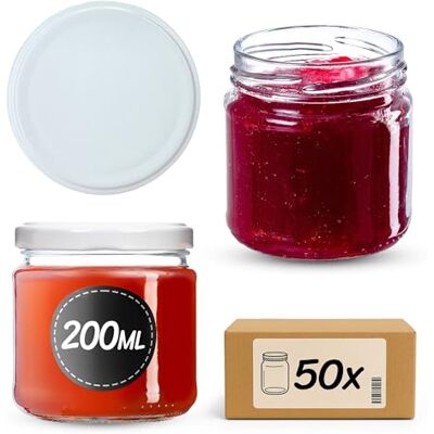KADAX Kleine inmaakpotten, 200 ml, jampotten, FI66 mm, minipotten voor honing en kruiden, luchtdichte bokalen, ronde bokalen (50 stuks, wit) KADAX Kleine inmaakpotten, 200 ml, jampotten, FI66 mm, minipotten voor honing en kruiden, luchtdichte bokalen, ronde bokalen (50 stuks, wit)
