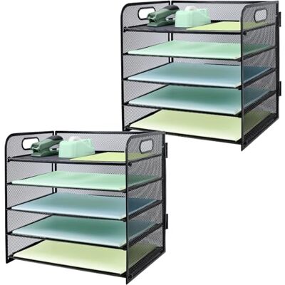 IOUGDSEC Set van 2 brievenbakjes met handvat, 5-traps metalen mesh bureau-bestandsorganizer, archiefplateaus voor A4-papier, tijdschriftenhouder, aktetas voor kantoor IOUGDSEC Set van 2 brievenbakjes met handvat, 5-traps metalen mesh bureau-bestandsorganizer, archiefplateaus voor A4-papier, tijdschriftenhouder, aktetas voor kantoor