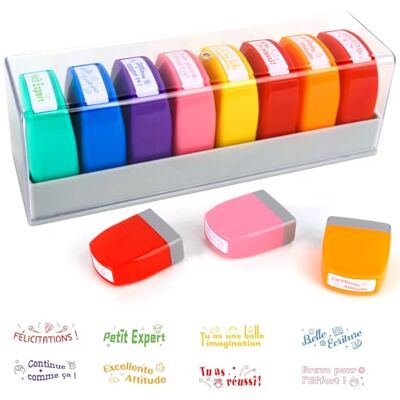 RNPKZ Frans stempelkussen voor leraren, 8 stuks, stempels voor kinderen, zelfkleurende stempels, kleuterschool, cadeau voor leraar, stempel, school, met doos om studenten aan te moedigen (B) RNPKZ Frans stempelkussen voor leraren, 8 stuks, stempels voor kinderen, zelfkleurende stempels, kleuterschool, cadeau voor leraar, stempel, school, met doos om studenten aan te moedigen (B)