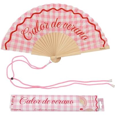 Fisura Originele waaier met spreuk "Calor de verano", moderne houten waaier met roze geruit, kleurrijk accessoire met koord, cadeau-idee voor de zomer, 42,5 x 23 cm Fisura Originele waaier met spreuk "Calor de verano", moderne houten waaier met roze geruit, kleurrijk accessoire met koord, cadeau-idee voor de zomer, 42,5 x 23 cm