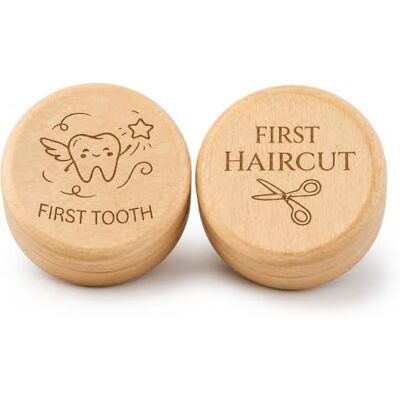 LANQEAOR 2 stuks melktanddoosjes en houten lusdoos voor Een doos met First Tooth met tandmotief, de andere eerste haarsnit met schaar; voor kleine herinneringen LANQEAOR 2 stuks melktanddoosjes en houten lusdoos voor Een doos met First Tooth met tandmotief, de andere eerste haarsnit met schaar; voor kleine herinneringen