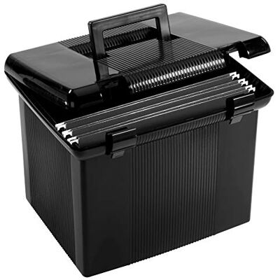 Pendaflex 41742AMZ Draagbare opbergbox met archiefrails, klapdeksel met dubbele sluiting, zwart, 3 zwarte hangmappen in letterformaat Pendaflex 41742AMZ Draagbare opbergbox met archiefrails, klapdeksel met dubbele sluiting, zwart, 3 zwarte hangmappen in letterformaat