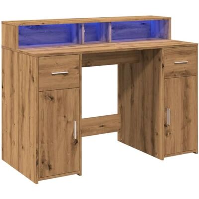 vidaXL Bureau met ledverlichting, handgemaakt eikenhout, werkbureau, studeerbureau, thuiskantoor, schrijfbureau vidaXL Bureau met ledverlichting, handgemaakt eikenhout, werkbureau, studeerbureau, thuiskantoor, schrijfbureau
