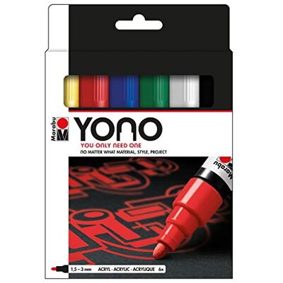 Marabu YONO 124000004002 Markerset met 6 kleuren, veelzijdige acrylstiften met Japanse ronde punt, 1,5 3 mm, waterbasis, lichtecht en waterdicht, voor bijna alle ondergronden Marabu YONO 124000004002 Markerset met 6 kleuren, veelzijdige acrylstiften met Japanse ronde punt, 1,5 3 mm, waterbasis, lichtecht en waterdicht, voor bijna alle ondergronden