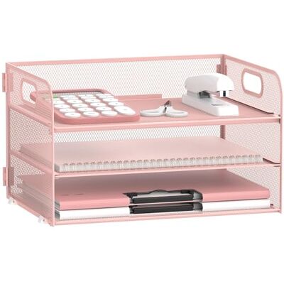 SUPEASY Bladenorganizer met 3 niveaus met handvat, bureau-organizer van mesh, brievenbus, map-organizer en bestanden voor A4-mappen, roze SUPEASY Bladenorganizer met 3 niveaus met handvat, bureau-organizer van mesh, brievenbus, map-organizer en bestanden voor A4-mappen, roze