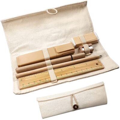 Powersell Eco-schrijfset, milieuvriendelijke schrijfset van linnen, karton en bamboe, met oprolbare tas, schrijfwarenset: liniaal, potlood, pen, puntenslijper, rubber, markeerstift, linnen en Powersell Eco-schrijfset, milieuvriendelijke schrijfset van linnen, karton en bamboe, met oprolbare tas, schrijfwarenset: liniaal, potlood, pen, puntenslijper, rubber, markeerstift, linnen en