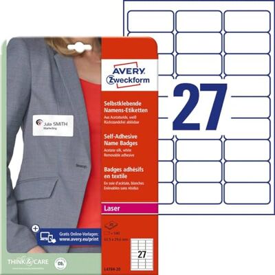 Avery L4784-20 Zelfklevende badges celluloseacetaat voor congressen, seminars, congressen, congressen, enz. 63,5 x 29,6 mm, 20 vellen Avery L4784-20 Zelfklevende badges celluloseacetaat voor congressen, seminars, congressen, congressen, enz. 63,5 x 29,6 mm, 20 vellen