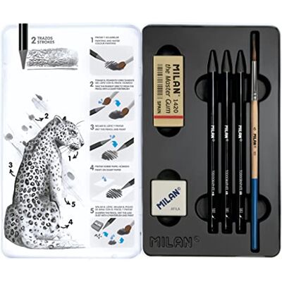 MILAN Metalen doos 3 aquarelpotloden (HB, 4B en 8B) 1 puntenslijper 1 gum The Master Gum 1 penseel, 07168103C MILAN Metalen doos 3 aquarelpotloden (HB, 4B en 8B) 1 puntenslijper 1 gum The Master Gum 1 penseel, 07168103C