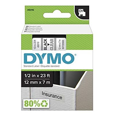 Dymo D1 standaard tape cartridge voor labelmakers, 1,27 cm x 7,9 m, zwart op helder, verkocht per stuk Dymo D1 standaard tape cartridge voor labelmakers, 1,27 cm x 7,9 m, zwart op helder, verkocht per stuk