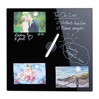 Relaxdays Magneetbord, beschrijfbaar, met 3 magneten en pen, uitwisbaar, zonder lijst, glas, 40 x 40 cm, zwart Relaxdays Magneetbord, beschrijfbaar, met 3 magneten en pen, uitwisbaar, zonder lijst, glas, 40 x 40 cm, zwart
