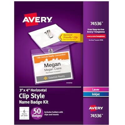 Avery Étiquettes nominatives à clipser, imprimer ou écrire, 7,6 x 10,2 cm, 50 inserts et porte-badges avec clips (74536) Avery Étiquettes nominatives à clipser, imprimer ou écrire, 7,6 x 10,2 cm, 50 inserts et porte-badges avec clips (74536)