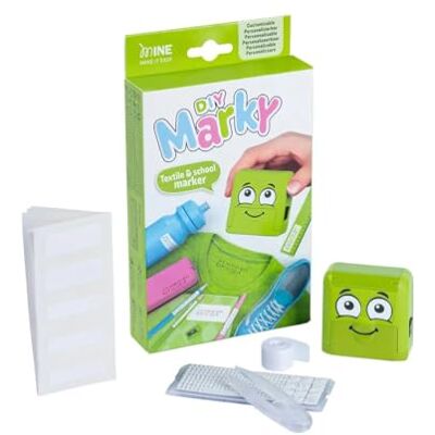 MARKY DIY Personaliseerbare stempel voor kinderen, voor kleding en kindervoorwerpen, inkt voor maximaal 1000 vingerafdrukken, geschikt voor alle oppervlakken, complete label- en bandset MARKY DIY Personaliseerbare stempel voor kinderen, voor kleding en kindervoorwerpen, inkt voor maximaal 1000 vingerafdrukken, geschikt voor alle oppervlakken, complete label- en bandset