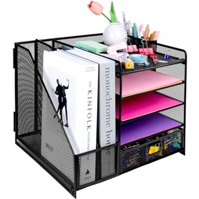 EasyOFC Bureau-bestandsorganizer, brievenbak met 5 niveaus, netopslag met lade, 2 pennenhouders, tijdschriftenhouder voor kantoorbenodigdheden, zwart EasyOFC Bureau-bestandsorganizer, brievenbak met 5 niveaus, netopslag met lade, 2 pennenhouders, tijdschriftenhouder voor kantoorbenodigdheden, zwart