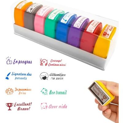 RNPKZ Frans stempelkussen voor leraren, 8 stuks, stempels voor kinderen, zelfstempel, stempel, kleuterschool, cadeau voor leraar, stempel, school, met doos om studenten aan te moedigen (A) RNPKZ Frans stempelkussen voor leraren, 8 stuks, stempels voor kinderen, zelfstempel, stempel, kleuterschool, cadeau voor leraar, stempel, school, met doos om studenten aan te moedigen (A)