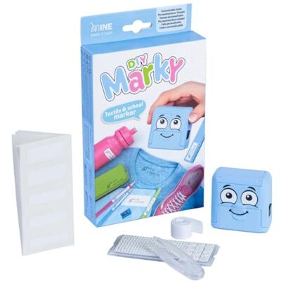 MARKY DIY Gepersonaliseerde stempel voor kinderen, kleding en voorwerpen voor kinderen, met inkt tot 1000 prints, complete set met etiketten en thermoplakband, blauw MARKY DIY Gepersonaliseerde stempel voor kinderen, kleding en voorwerpen voor kinderen, met inkt tot 1000 prints, complete set met etiketten en thermoplakband, blauw