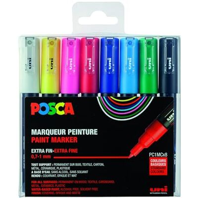 posca Mitsubishi Pencil 8 markeerstiften PC1MC extra fijne conische punt verf-markeerstiften op waterbasis alle ondergronden voor papier, textiel, glas, kiezel, hout enz. posca Mitsubishi Pencil 8 markeerstiften PC1MC extra fijne conische punt verf-markeerstiften op waterbasis alle ondergronden voor papier, textiel, glas, kiezel, hout enz.