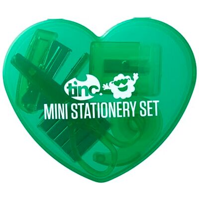 Tinc 5 stuks mini-briefpapier in hartvorm met schaar, puntenslijper, plakbanddispenser, nietmachine en nietjes, groen, één maat Tinc 5 stuks mini-briefpapier in hartvorm met schaar, puntenslijper, plakbanddispenser, nietmachine en nietjes, groen, één maat