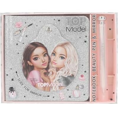 Depesche TOPModel Beauty 13174 Notitieboek, zilver, glinsterend, modelpatroon, met balpen, gelinieerde pagina's en spiegel Depesche TOPModel Beauty 13174 Notitieboek, zilver, glinsterend, modelpatroon, met balpen, gelinieerde pagina's en spiegel