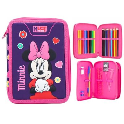 Disney Pennenetui met dubbele etages, gevuld met schrijfwaren voor kinderen, Minnie roze/paars dubbele ritssluiting, Modern Disney Pennenetui met dubbele etages, gevuld met schrijfwaren voor kinderen, Minnie roze/paars dubbele ritssluiting, Modern