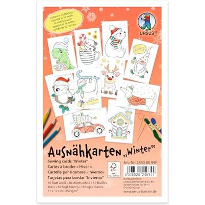 Ursus 28330099F Naaikaarten voor kinderen, winter, ca. 11 x 17 cm, om te borduren en in te kleuren, 10 witte kaarten, knutselkarton 250 g/m² Ursus 28330099F Naaikaarten voor kinderen, winter, ca. 11 x 17 cm, om te borduren en in te kleuren, 10 witte kaarten, knutselkarton 250 g/m²