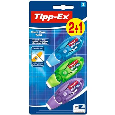 BIC Tipp-Ex Micro Tape Twist 8m x 5mm correctietape (Perfect voor school en kantoor) Geassorteerde kleuren, Blister van 2+1 BIC Tipp-Ex Micro Tape Twist 8m x 5mm correctietape (Perfect voor school en kantoor) Geassorteerde kleuren, Blister van 2+1